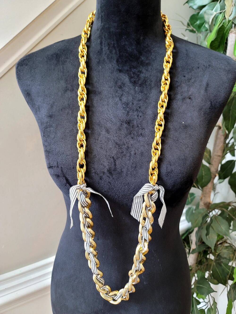 Vintage Gold Tone Chain Necklace Blue White Ribbon Accent Statement Piece